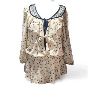 Black Rainn Sheer Top Sparrows Puff Sleeve Lace Trim Gothic Romantic Size Small